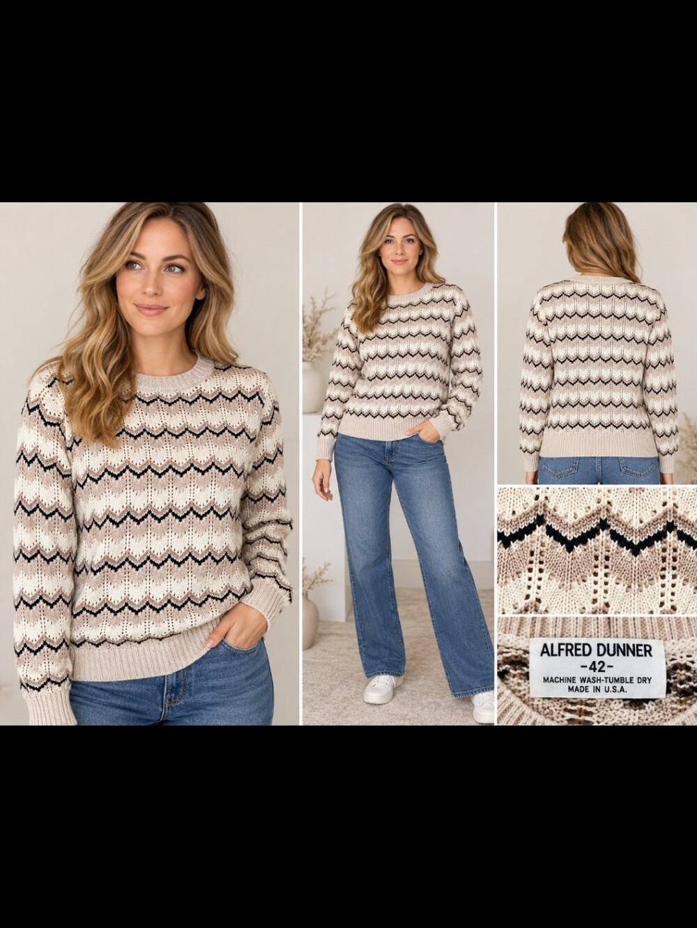 Vintage Alfred Dunner Sweater Made in USA | Cream Black Chevron Open Knit Large